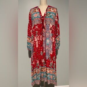 Red Boho multi-color midi dress with tassels